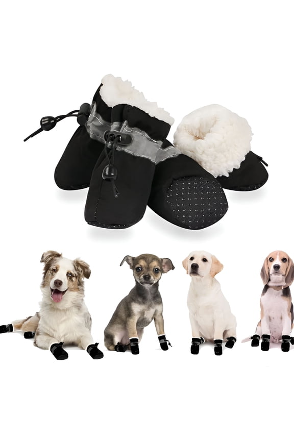 4Pcs Dog Shoes for Winter, Dog Boots & Paw Protectors, Fleece Warm Snow Booties for Puppy with Reflective Strip Anti-Slip Rubber Sole for Small Medium Size Dogs