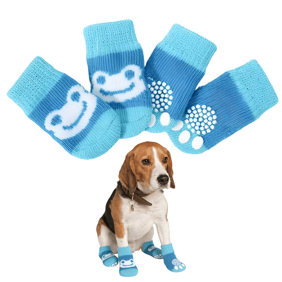 GASTROPOD 4Pcs Socks with Grippers for Large Dog,Anti-Slip Rubber Sole Dog Socks,Cartoon Frog Pattern High-Stretch Cuff for Easy on & Off Paw Socks for Tile Floors,L