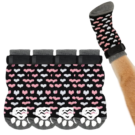 GASTROPOD 4Pcs Socks with Grippers for Samll Dog,Anti-Slip Rubber Sole with Adjustable Strap Dog Socks,Color-Blocked Heart Pattern High-Stretch Cuff for Easy on & Off Paw Socks for Slippery Floors,S