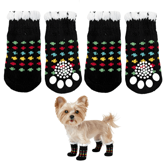 GASTROPOD 4Pcs Socks with Grippers for Samll Dog,Anti-Slip Rubber Sole Dog Socks,Color-Blocked Pattern Embellishment High-Stretch Cuff for Easy on & Off Paw Socks for Indoor Use,S