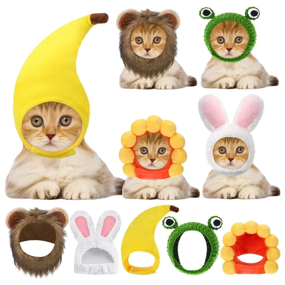 GASTROPOD 5 Pcs Cat Adorable Costume Bunny Hat with Ears Funny Mane Cat Hat for Pets and Small Dogs Kitten Puppy Party Costume Accessory Headwear(Lion,Frog,Rabbit,Sunflower,Banana)