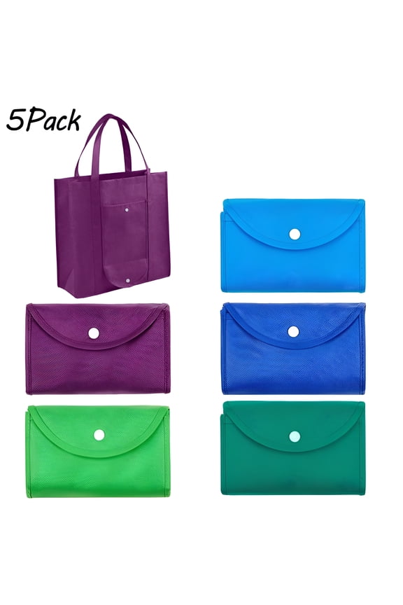 5 Pcs Reusable Grocery Bags Large Shopping Totes, Durable Heavy Duty Easy to Clean, Eco-Friendly Produce Bags with Long Handle for Groceries (5 Assorted Colors)