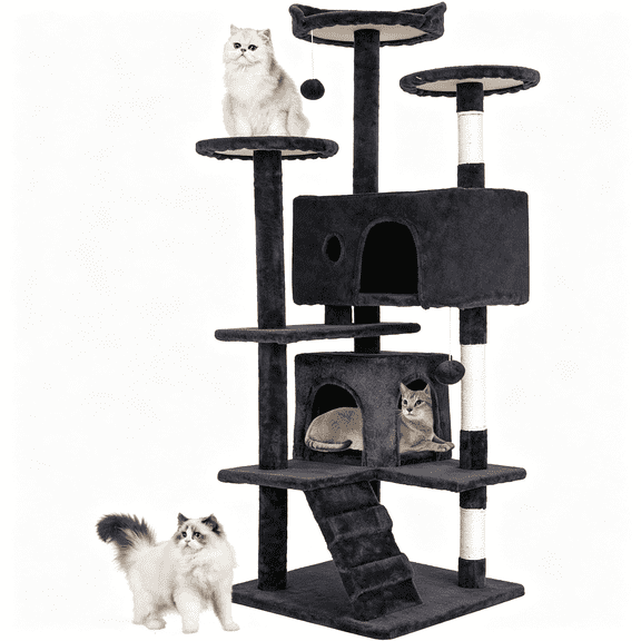 GASTROPOD | 54"Cat Tree Tower,Dark Gray,Sturdy,Easy to Assemble,Multi-Level Activity Center with Sisal Scratching Posts,Condos,Perches,Hanging Cat Toys,Observation Decks&Ladder