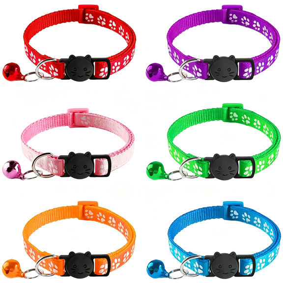 GASTROPOD 6 Pack Breakaway Cat Collar with Bells, Claw Print Design, Safety Buckle Kitten Collars, 0.4 Inches Width Lightweight, Adjustable 7.5-12.5 Inches Suitable for Girl Boy Cats