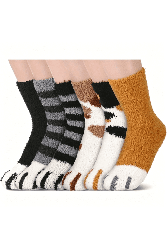 6 Pairs of Women'S Cat Paw Socks - Soft Plush Winter Socks with Elastic Cuffs, Comfortable Warm Animal Design, Christmas Gift for Cat Lovers