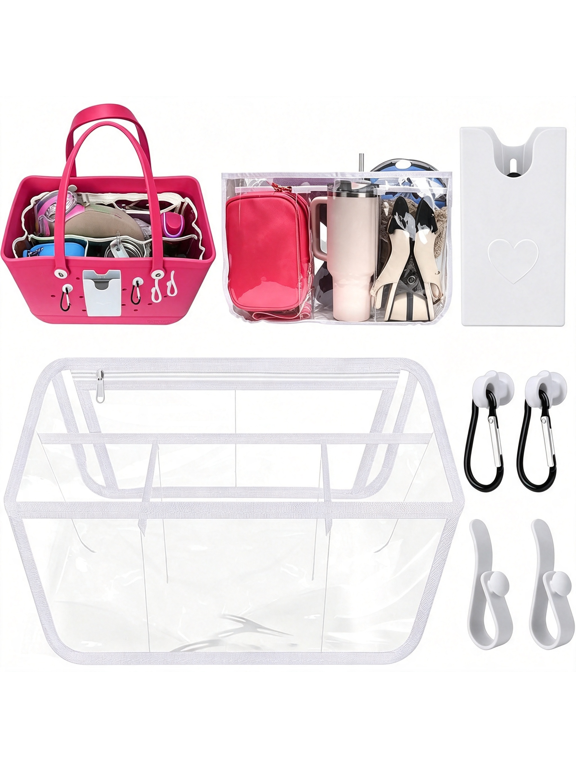 6 Pcs Waterproof Beach Bag Organizer Accessories for Xl Bag, Clear Divider Insert with Phone Holder, Hooks and Carabiners, Storage Organizer for Extra Large Beach Tote