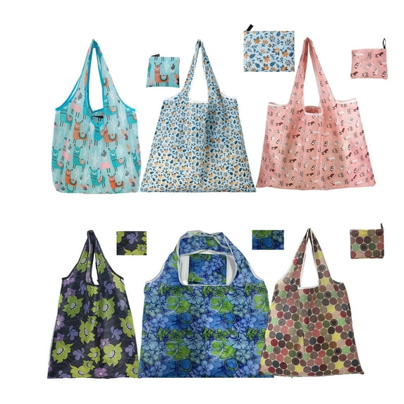 GASTROPOD 6Pcs Reusable Grocery Bags,Market Shopping Large Tote Bag,190T Polyester Foldable Grocery Bags,Style4