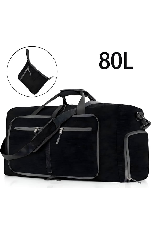 80L Large Foldable Travel Duffle Bag,28" Black Duffel Bag for Men Women,Foldable Gym Bag with Shoes Compartment,Overnight Bags Waterproof and Tear Resistant
