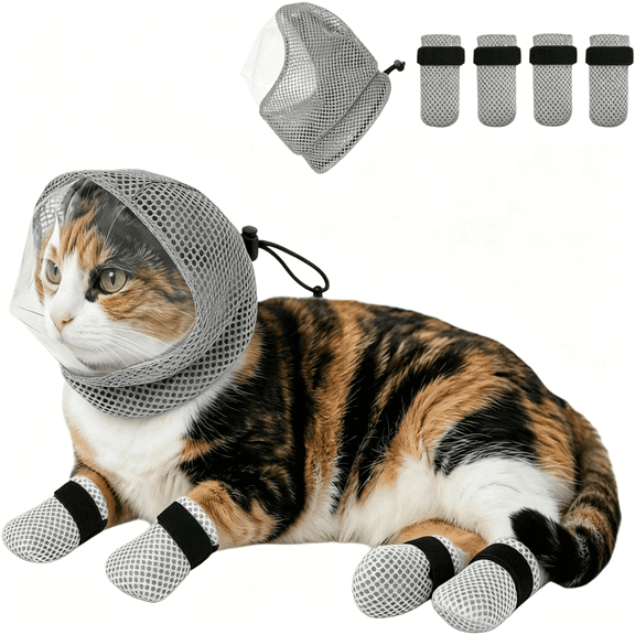 GASTROPOD Adjustable Anti-Bite Head Cover,Breathable Cat Grooming Helmet Mask with 4 Anti-Scratch Claw Covers for Nail Trimming,Injections&Bathing