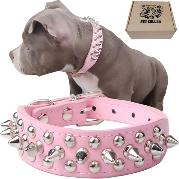 GASTROPOD Adjustable Leather Spiked Studded Dog Collars with a Squeak Ball Gift for Small Medium Large Pets, Pink, L(15"-18.5")