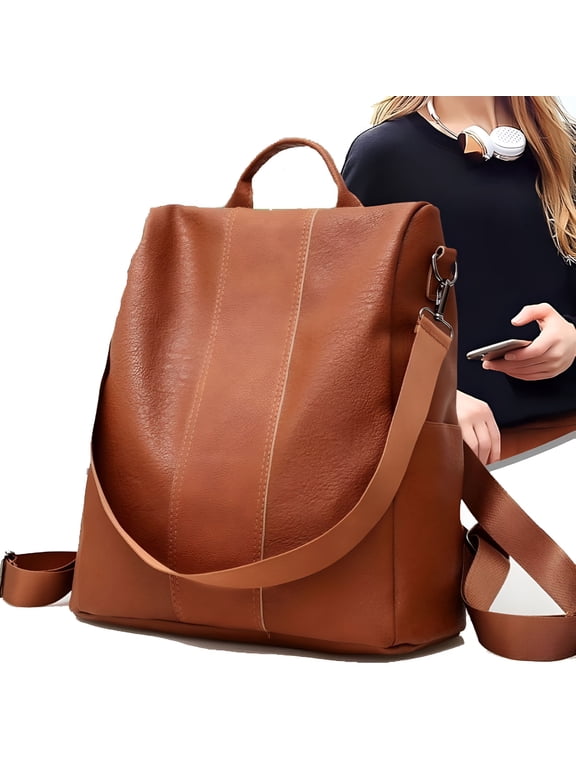 Anti-Theft Backpack Women'S Anti-Theft Backpack,Genuine Leather Laptop Bag,Large Capacity Travel Backpack,Convertible Crossbody Purse for School,Work,Commute