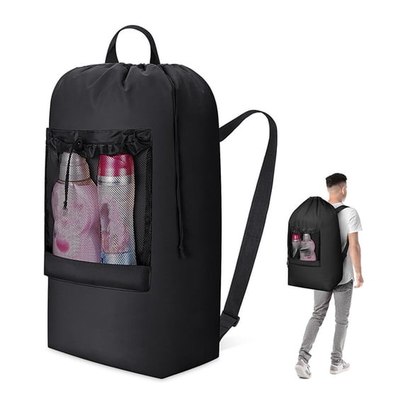 GASTROPOD Backpack Laundry Bag,Large Travel Laundry Bags with Shoulder Straps and Mesh Pockets,Laundry Backpack with Drawstring Closure for College,Travel,Dorm,Apartment,Laundromat (Black)