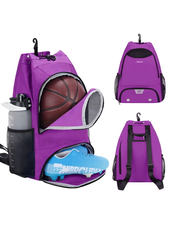 2026 New Basketball Backpack Soccer Bag for Men Drawstring Sports Backpacks with Shoe Compartment Wet Pocket Hook Gym Equipment Bags for Women for Travel,Gym,Training,School,Purple