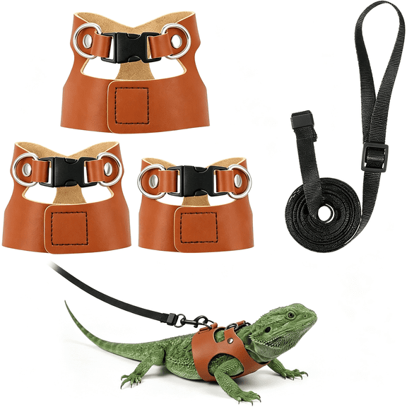 GASTROPOD Bearded Dragon Harness and Leash 3 Pack,Small Animal Walking Vest with Adjustable Traction Rope Strap,Bearded Dragon Leash for Squirrel Gerbil Chinchilla Rat,Soft Harness Brown