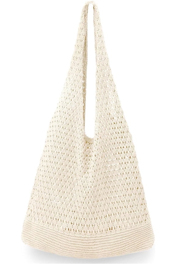 Beige Crochet Beach Bag For Women Large Mesh Tote Summer Shoulder Purse Boho Knit Handbag With Handles