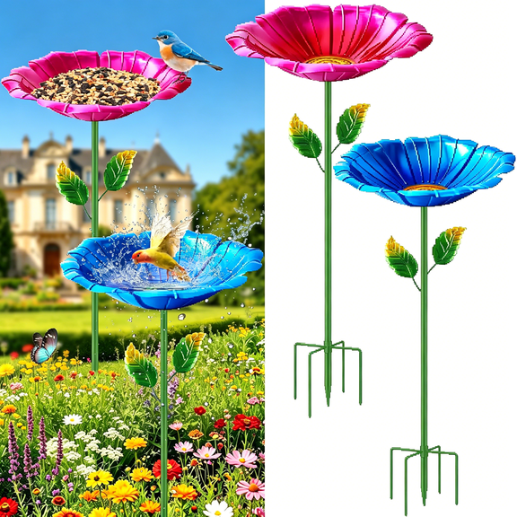 GASTROPOD Bird Bath for Outside,2 Pack 31.5" Metal Bird Bath Outdoors with Stake and 5-Pronged Base,Freestanding Birdbaths Flower Deep Water Bowl Garden Yard Lawn Patio Decor