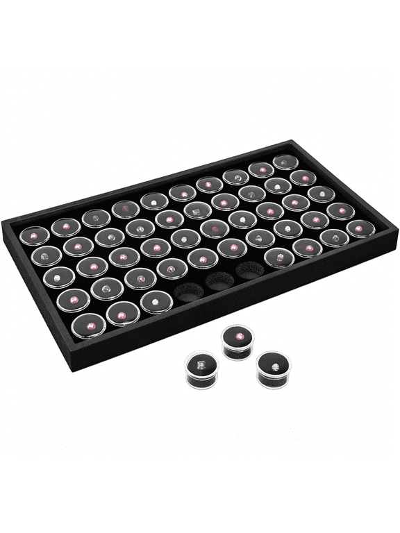Black Foam Gem Jars Showcase Stackable Display Tray for Collectibles, Home Organization Storage Box with 50 Gemstones and Bead Storage Jars