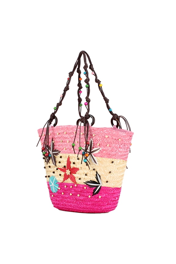 Bohemian Hand-Embroidered Starfish Straw Bag Beaded Woven Handbag for Party Pink