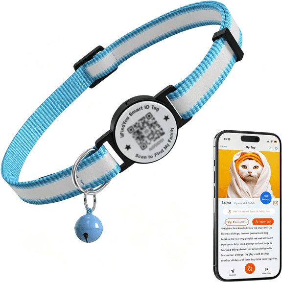 GASTROPOD Breakaway Cat Collar with Safety Bell & Reflective Strips | Qr Code Id Tag & Name Plate | Adjustable for Kittens Safety Bell & Reflective Strips Cat Bell Collar Blue