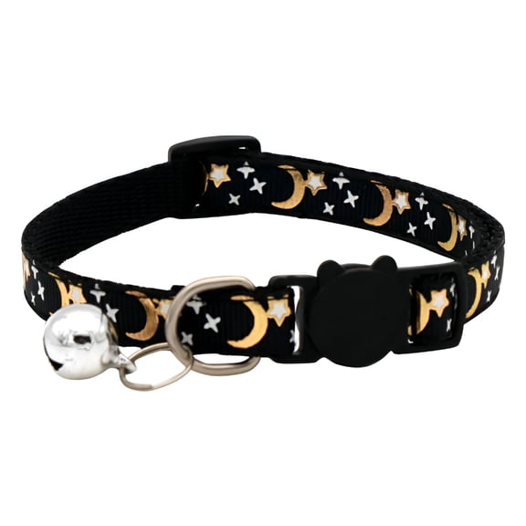 GASTROPOD Breakaway Cat Collar with Bell, Glow in the Dark Moon Star Design, Adjustable Safety Reflective Nylon Kitten Necklace for Night Visibility