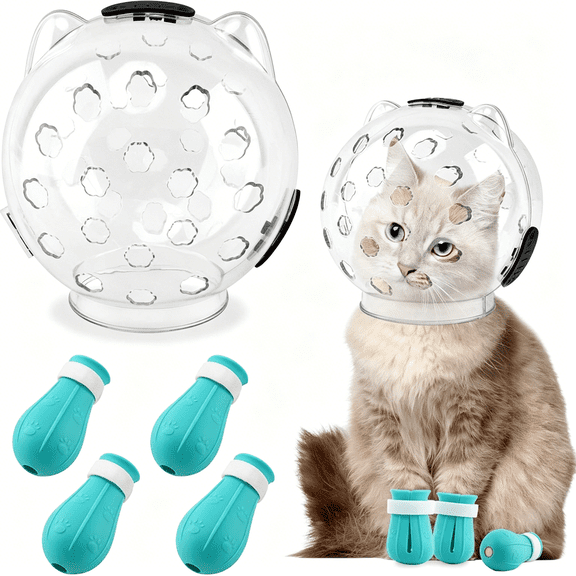 GASTROPOD Breathable Cat Muzzle with Anti-Scratch Silicone Boots,Adjustable Transparent Helmet&Grip Socks for Grooming,Vet Visits,And Nail Trimming(Size: L)