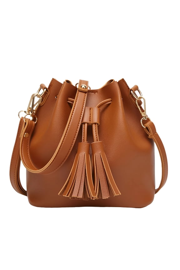 Bucket Bags Fashion Crossbody Bag Shoulder Tassel Casual Handbag Drawstring Bucket Bags Casual Bag for Women Girls Ladies (Brown), 7.87"X4.33"X7.48"