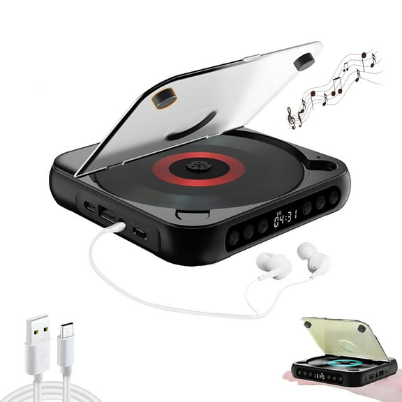 GASTROPOD CD Player with Bluetooth, Rechargeable Compact CD Player Built-in HiFi Speakers, Portable CD Player for Home/Car, Supports CD/AUX/USB and Repeat Modes, Headphones, LCD Screen