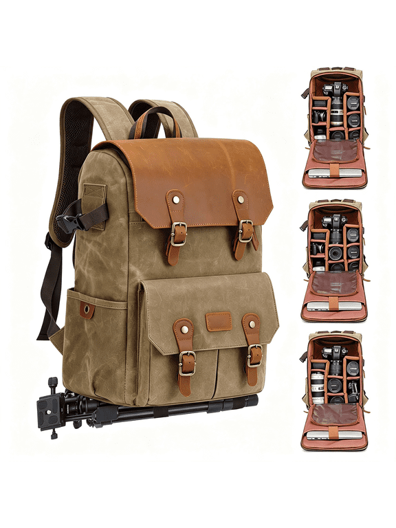 Camera Backpack-Weather Resistant 16 Ounces Waxed Memory Canvas-Dslr Slr Backpacks with 15.6" Laptop Sleeve Compartment&Tripod Holder for Photographers-Vintage Leather Style Khaki