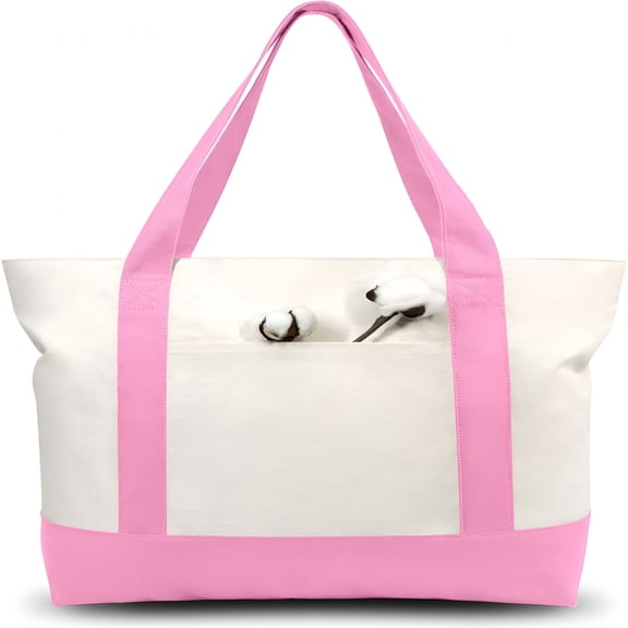 GASTROPOD Canvas Tote Bag with External Pocket,Reusable Grocery Shopping Bag,Top Zipper Closure,Daily Essentials (Pink/Natural)