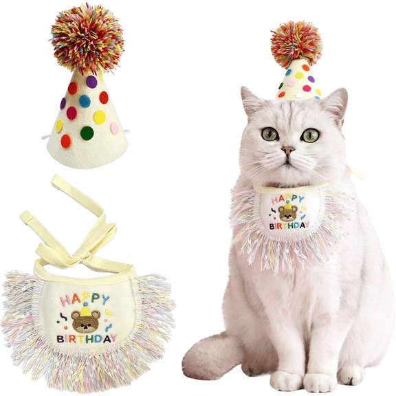 GASTROPOD Cat Birthday Bandana Scarf and Party Hat Cute Tassel Scarf and Birthday Hat|Cat Birthday Decorations Set with Polka-Dot Birthday Hat and Lace Scarf