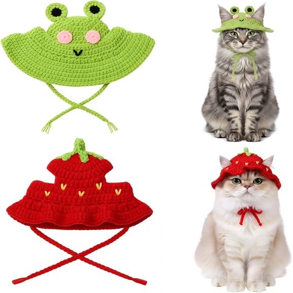 GASTROPOD Cat Hats for Cats Cute Knit Cat Hat Strawberry Hat with Adjustable Cord Handmade Crochet Soft Knitted Hats Christmas Party Costume Accessory for Puppy Kitten(Red,Green)