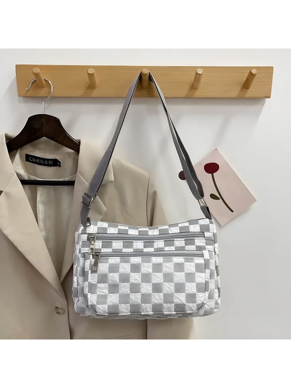 Checkerboard Nylon Shoulder Bag for Women, Trendy Crossbody Purse with Multi Pockets, Adjustable Strap Crossbody Bag for Travel, Work, Daily Use