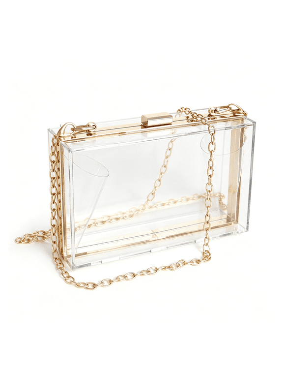 Clear Acrylic Crossbody Purse-Stadium Approved Box Clutch with Gold Chain,Small Transparent Evening Bag for Women | Premium Acrylic