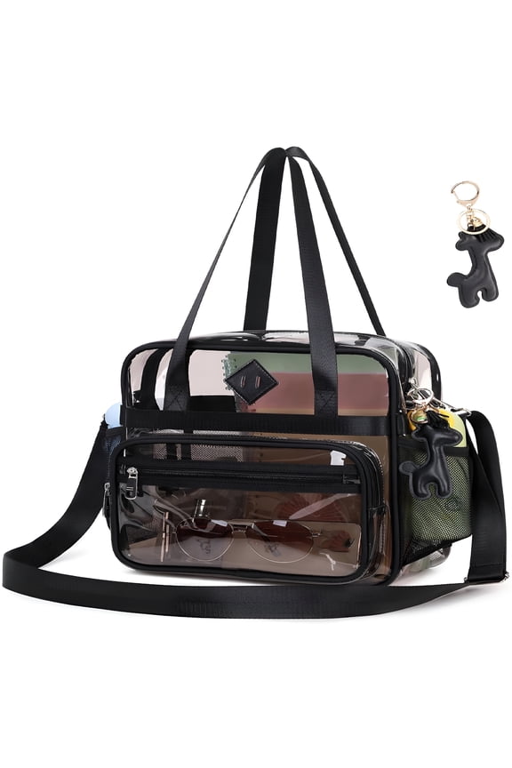 Clear Tote Bag 12X6X12 Clear Bag for Stadium Events See Through Bag for Women Transparent Concert Bag with Adjustable Shoulder Straps, Semi-Black