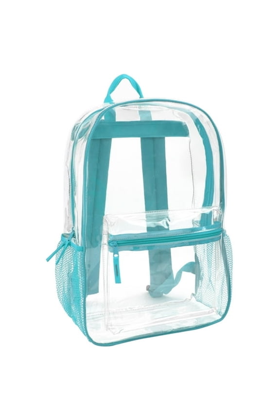 Clear Transparent Heavy Duty Waterproof Unisex Backpack with Colored Trim and Mesh Side Pockets in Turquoise