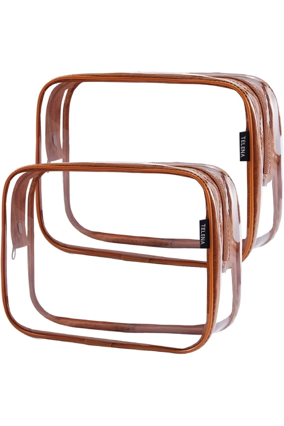 Clear Travel Essentials Toiletry Bags-TSA Approved 2PCS Multifunctional Cosmetic Makeup Packs,Quart Size Carry On Accessories,Luggage Organizer For Women & Men,PVC Material,Brown