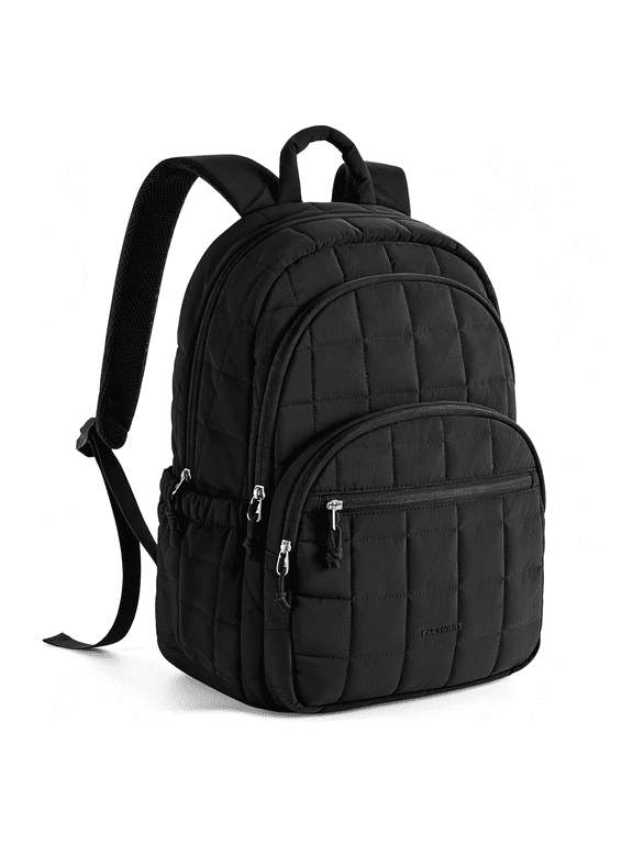 College Laptop Backpack, Travel Backpack for Women, Quilted Casual Daypack, Water-Resistant Bookbag for 15.6 Inch Laptop, Black Backpack Black