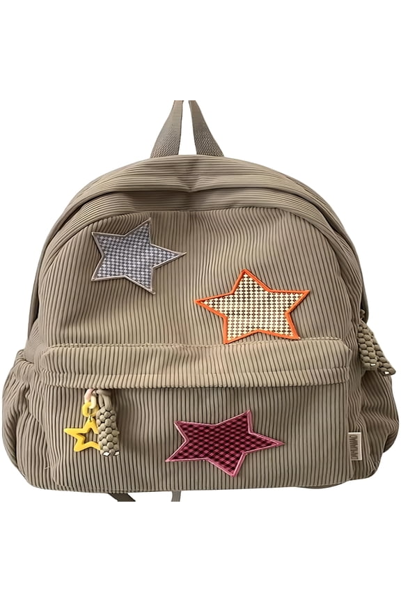 Corduroy Backpack with Star Pattern, Trendy and Versatile, Fits 14'' Laptop Large Capacity Daily Commute (Khaki) Unisex