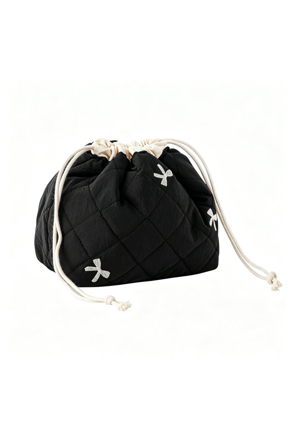 Cotton Quilted Drawstring Makeup Bag with Canvas Lining,Aesthetic Cute Travel Toiletry Bag,Drawstring Gift Bag for Women and Girls