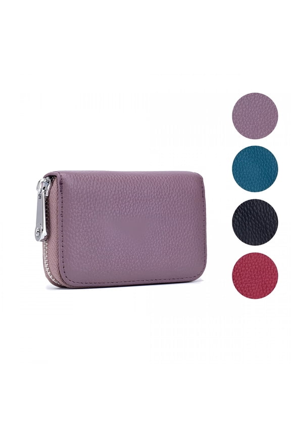 Credit Card Holder RFID Blocking 12 Card Slots Leather Mini Credit Card Wallet Purse with Zipper Small Wallets Woman - Purple