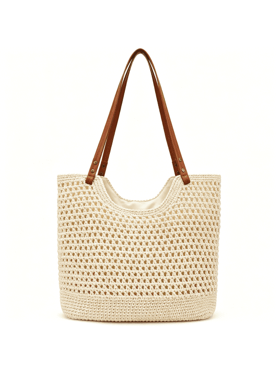 Crochet Beach Bag for Women with Zipper, Summer Straw Beach Tote Bag Woven Boho Shoulder Bag for Vacation