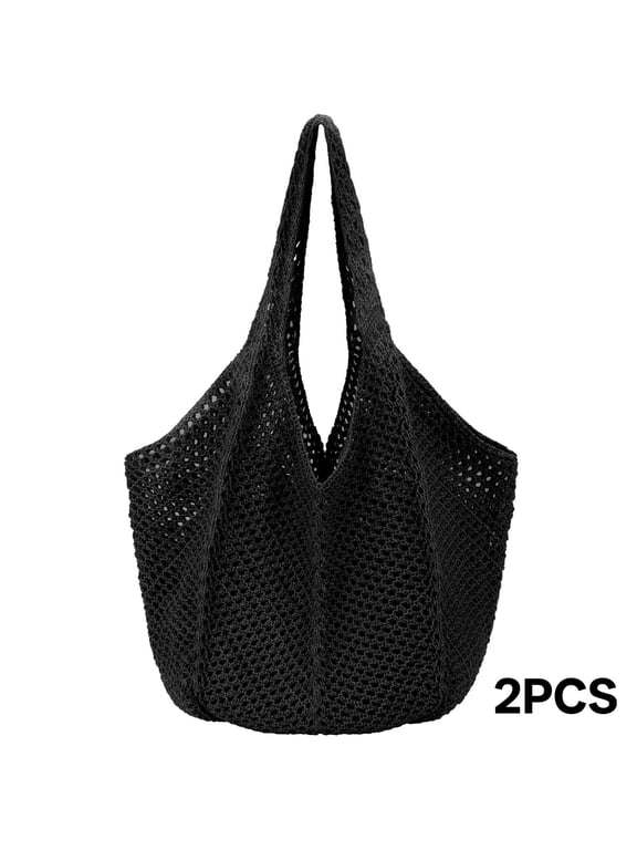 Crochet Tote Bag BohoTbag for Women,Lightweight Summer Beach Tote Travel Vacation Bag (Black)