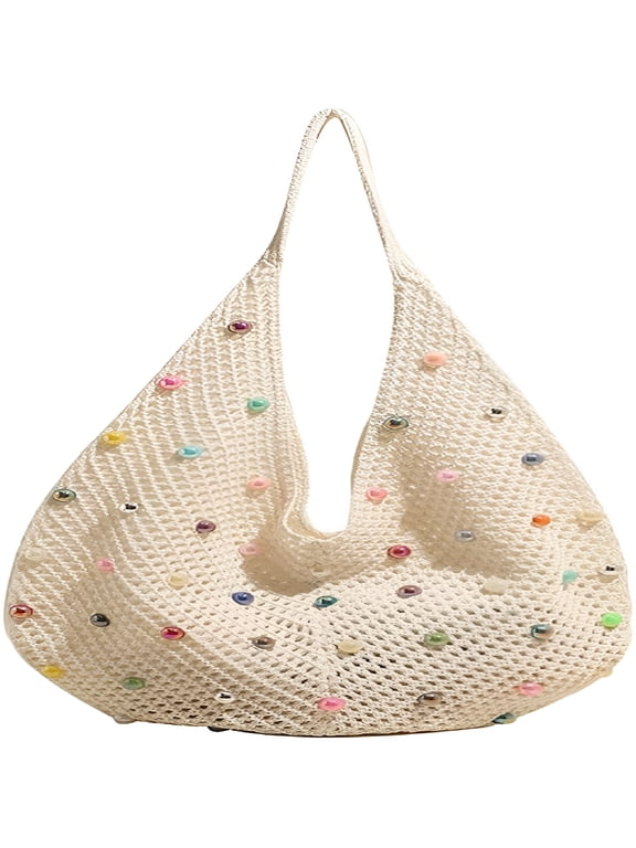 2026 New Crochet Tote Bag for Women Slouchy Crescent Shoulder Bag Mesh Knitting Beach Bag with Colored Beads Travel Boho Purse