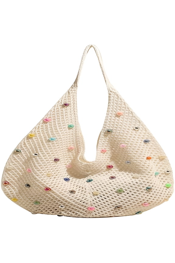 Crochet Tote Bag for Women Slouchy Crescent Shoulder Bag Mesh Knitting Beach Bag with Colored Beads Travel Boho Purse