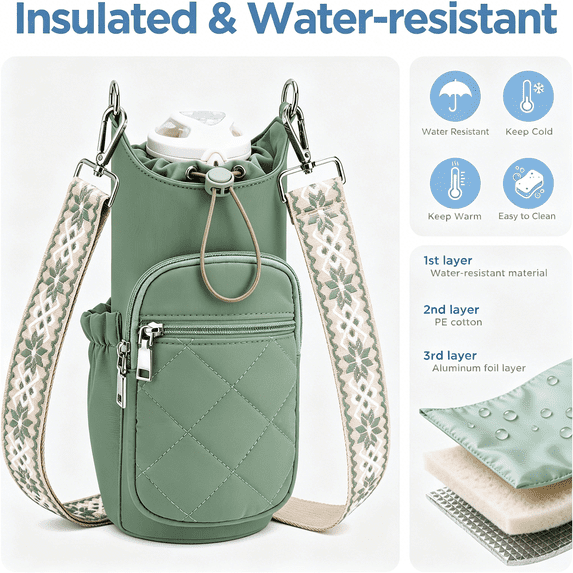 GASTROPOD Crossbody Water Bottle Bag for Women,Lightweight Insulated Water Bottle Carrier with Phone Pocket,Secure & Hands-Free for Walking,Travel,Outdoor (Up to 40Oz) Antique Green