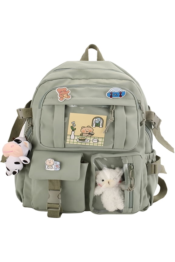 Cute Backpack with Aesthetic Pin Accessories, Lightweight Casual Daypack with Plush Pendant, Super-Capacity Waterproof Travel Backpack, Green