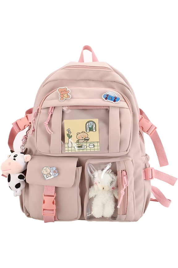Cute Backpack with Aesthetic Pin Accessories, Lightweight Casual Daypack with Plush Pendant, Super-Capacity Waterproof Travel Backpack, Pink