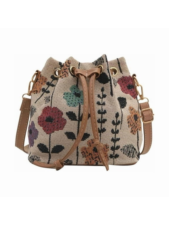 Cute Bucket Bags for Women,Small Floral Tote Bag Flower Purse,Mini Embroidery Aesthetic Boho Bag Needlepoint Barrel Drawstring Purse