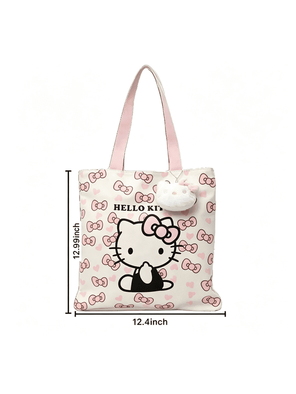Cute Cartoon Kitty Tote Bag Pink and White Kawaii Style Reusable Shoulder Bag Adorable Lightweight Canvas Tote for Women Tote Bag for Women