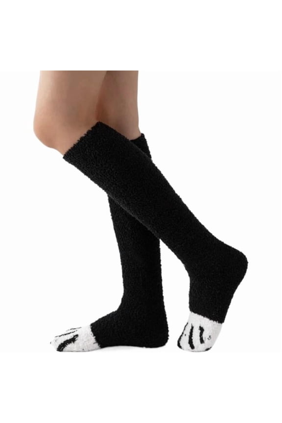 Cute Cat Paw Knee-High Socks for Women - Thick Coral Fleece Thigh-High Stockings with Stripes, Fall/Winter Warm Casual College Style Paw Socks